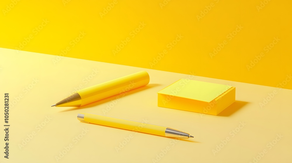 Poster A side-angle view of a highlighter, sticky note, and single pen, all placed parallel on a minimalist desk, plain background, 4K resolution
