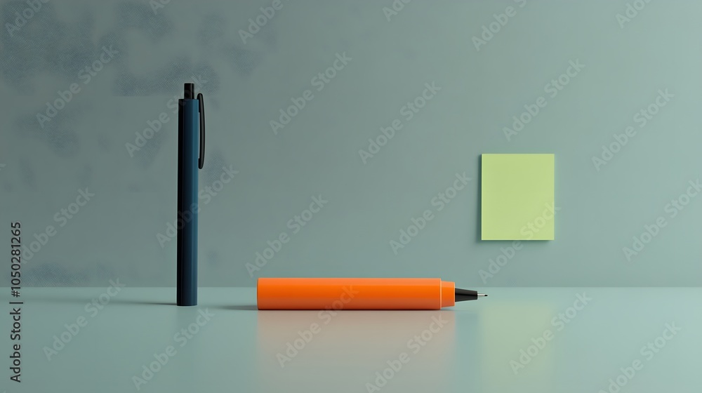 Poster a side-angle view of a highlighter, sticky note, and single pen, all placed parallel on a minimalist