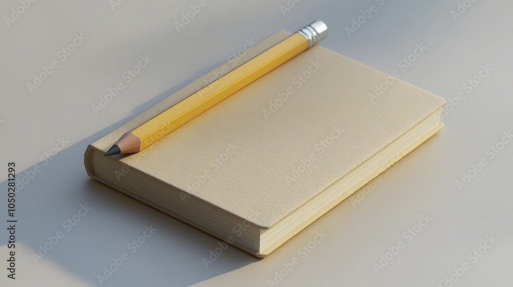 Poster A front-angle close-up of a pencil and a small notepad, arranged symmetrically on a smooth surface, minimal style, plain background, 4K resolution
