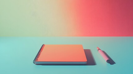 A wide-angle view of a notebook and a single highlighter, positioned symmetrically on a table, minimal style, plain background, 4K resolution