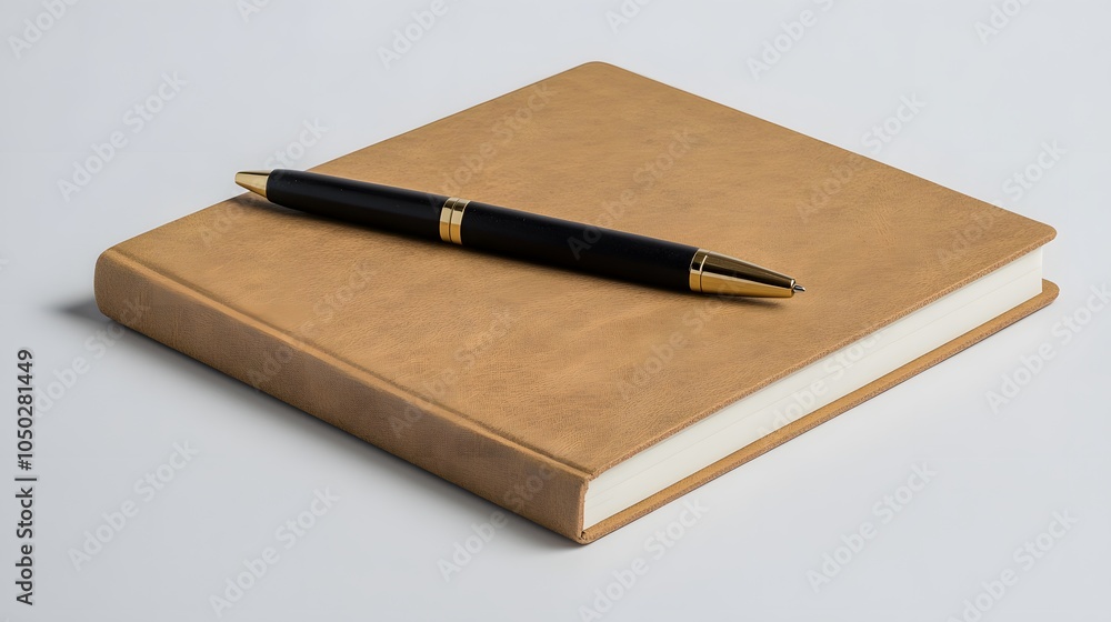 Poster a front-angle shot of a notebook with a lone pen resting diagonally across it, minimal style, plain 