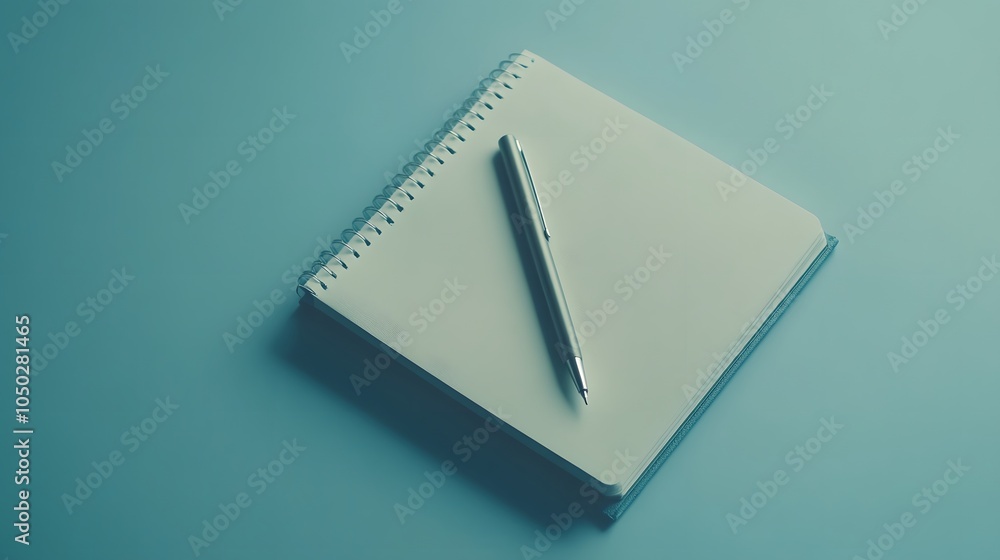 Poster a front-angle shot of a notebook with a lone pen resting diagonally across it, minimal style, plain 