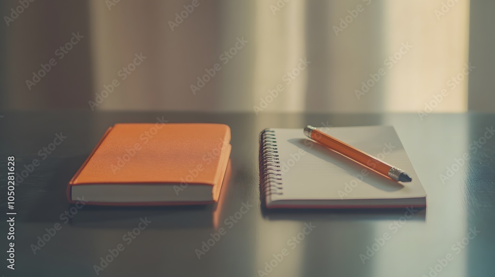 Poster a wide-angle shot of a mechanical pencil and a notebook, placed side by side on a polished table, mi