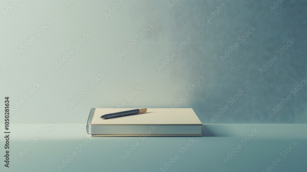 Poster A side-angle view of a small notepad and one pen, creating a simple, organized setup, minimal style, plain background, 4K resolution
