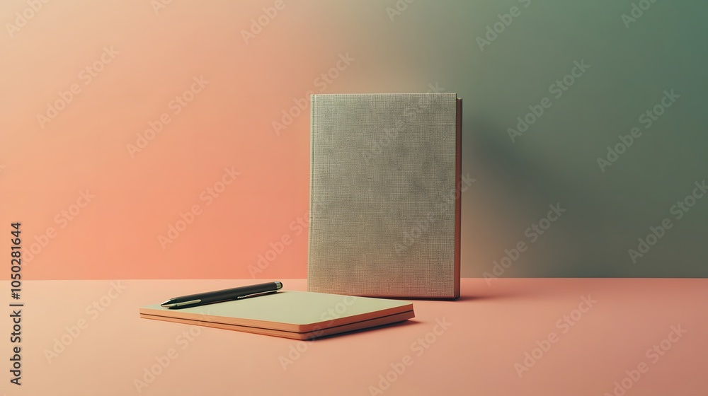 Poster A side-angle view of a small notepad and one pen, creating a simple, organized setup, minimal style, plain background, 4K resolution