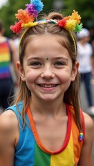 Smiling child in colorful close-up at Gay Pride Parade Joy and Inclusion depicted through rainbow hues on a childs face