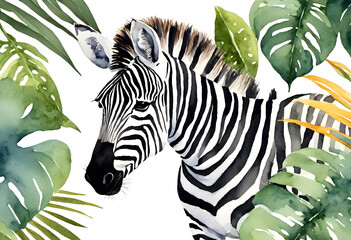 A watercolor illustration of a zebra surrounded by tropical leaves and orange flowers.