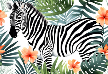A watercolor illustration of a zebra surrounded by tropical leaves and orange flowers.