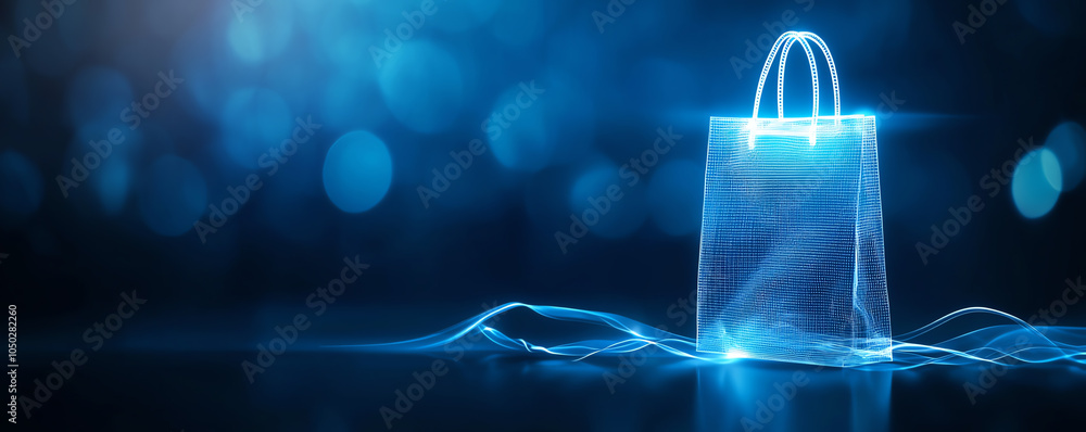 Poster abstract prototype of shopping bag with translucent wireframe, modern product visualization