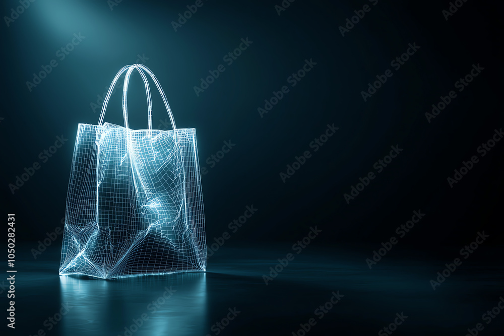 Poster prototype of a shopping bag with detailed wireframe lines, minimalist style on dark background