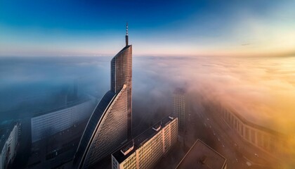 aerial view of skyscraper sky tower in the fog in wroclaw epic foggy morning in the city and tall building in the clouds wroclaw poland