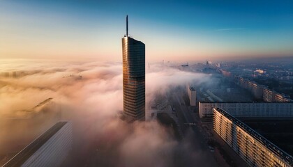 aerial view of skyscraper sky tower in the fog in wroclaw epic foggy morning in the city and tall building in the clouds wroclaw poland
