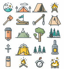 Set of 20 line icons for camping, hiking and outdoor activities.