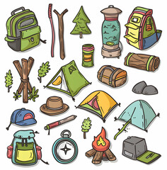 A colorful illustration of camping essentials, including a tent, backpacks, hiking poles, a compass, a campfire, a hat, and a lantern.