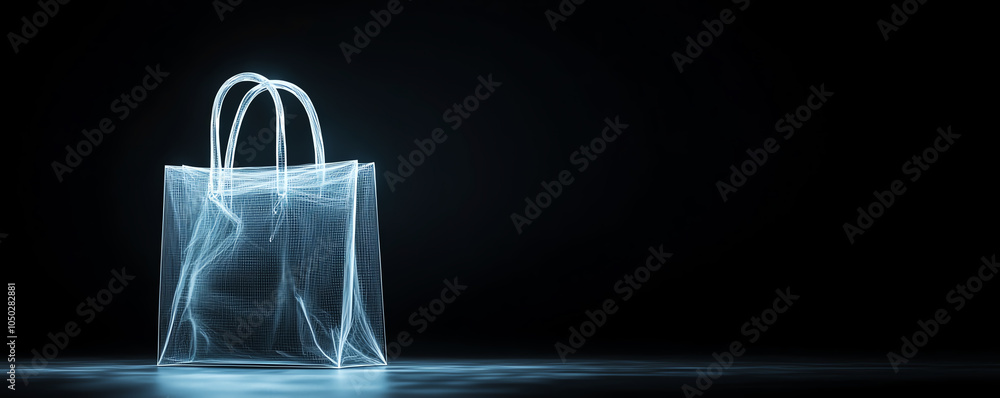 Poster transparent shopping bag with wireframe prototype design, detailed textures and clean lines
