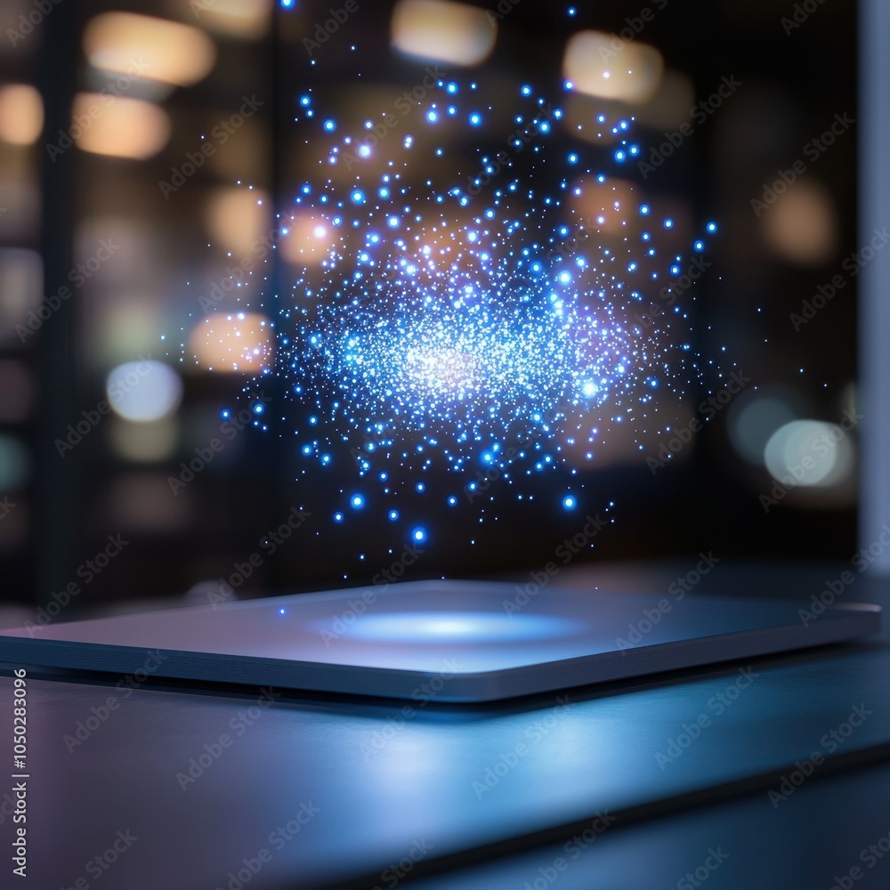 Poster futuristic office setup with floating holograms