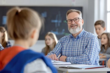 Fototapeta premium A teacher stands at the front of a classroom, smiling while explaining material. Students in the background listen attentively, creating an engaging and focused learning environment highlighted by a b