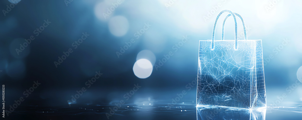 Poster abstract prototype of shopping bag with translucent wireframe, modern product visualization