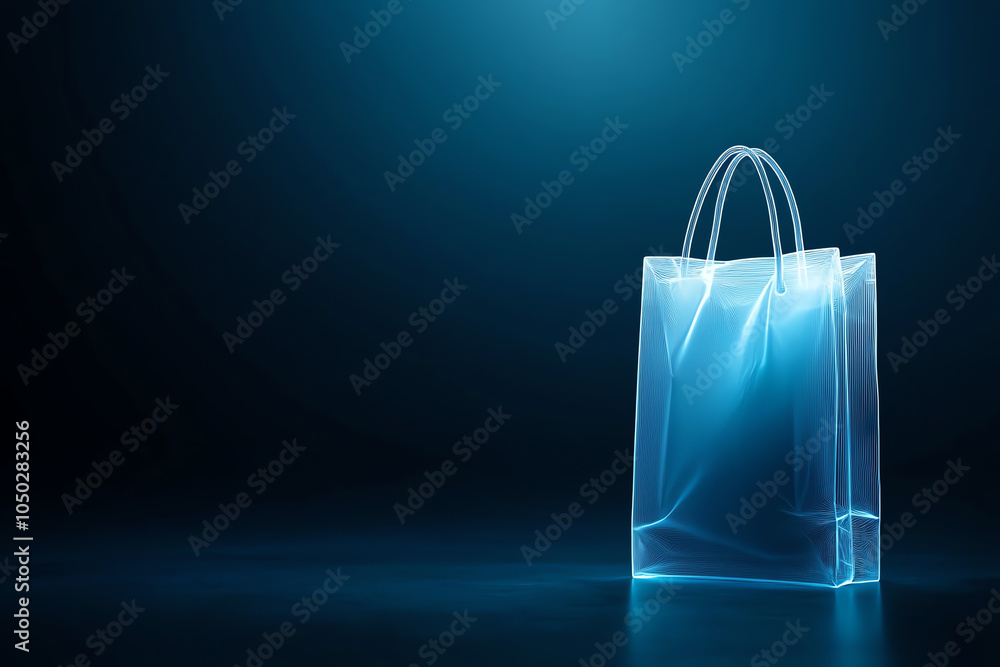 Poster prototype of a shopping bag with detailed wireframe lines, minimalist style on dark background