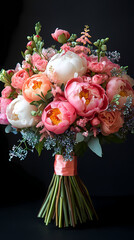 Fototapeta premium A lush display of peony flowers with large, full blooms in soft shades of pink, white, and blush. The delicate petals form layers of rich texture.