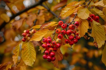 Branch of small red berries grows among golden leaves, signaling the arrival of autumn