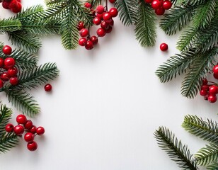 christmas composition flatlay spruce branches red berries on white background with space for text