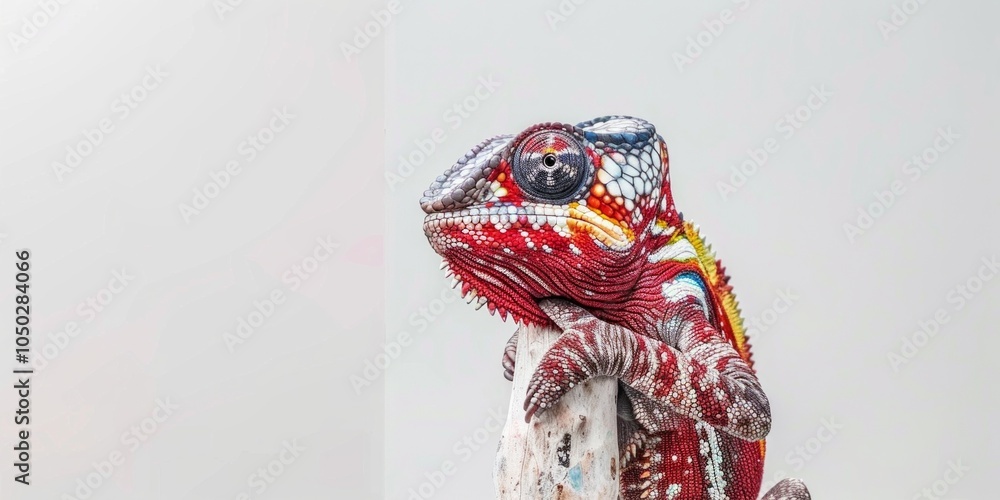 Poster madagascar giant chameleon grips a branch showcasing its vibrant color patterns. the striking reptil
