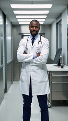 Fototapeta premium A confident African American male doctor stands with his stethoscope in a cutting-edge medical setting