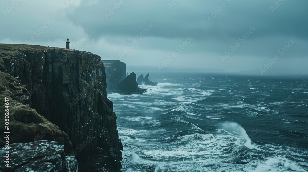 Aufkleber a dramatic coastal cliff with a lone lighthouse perched on the edge, overlooking a stormy ocean with