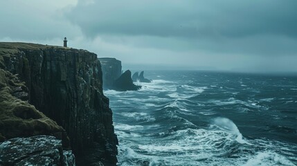 A dramatic coastal cliff with a lone lighthouse perched on the edge, overlooking a stormy ocean with turbulent waves, rugged setting with dramatic sea views