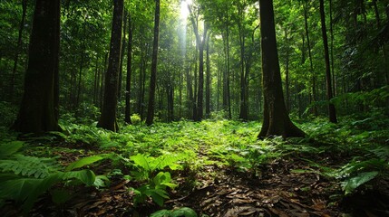 Obraz premium Lush Green Forest with Sunlight Streaming Through Trees