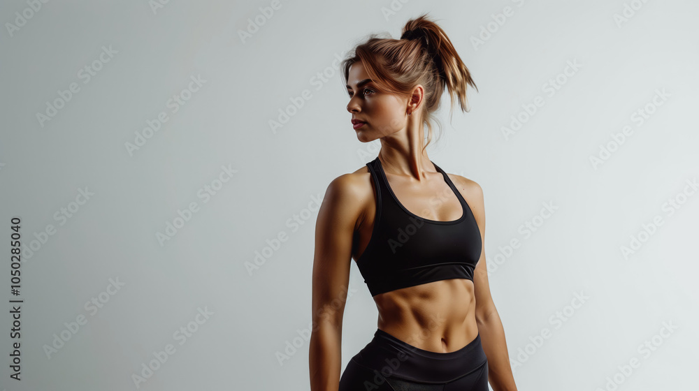 Wall mural athletic woman with strong abs. young girl on gray background. woman in fitness clothes. slender lad