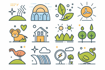 A set of 12 line icons depicting nature, animals, and sustainability.