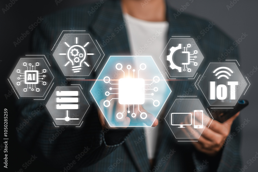Aufkleber futuristic digital interface representing digital disruption and iot in a business setting, highligh