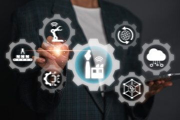 Illustration of Industry 4.0 with digital icons representing automation, data exchange, and smart...