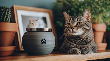 Cat Next to Paw Print Urn on Shelf, Heartfelt Indoor Pet Memorial