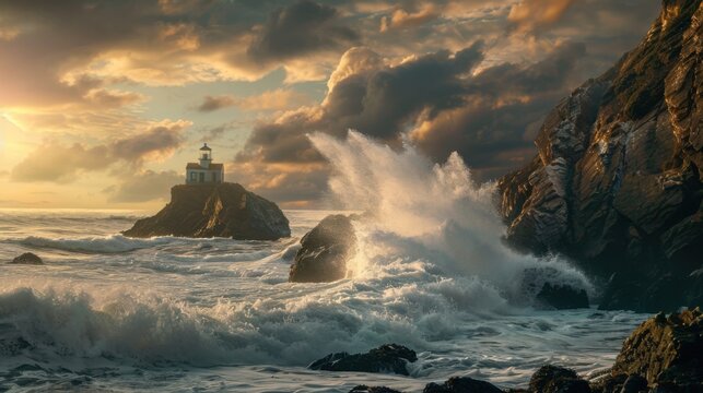 A dramatic coastal rock formation with crashing waves and a lighthouse perched on the edge, set against a sunset sky with dramatic lighting, Coastal Rock style