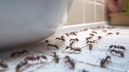 Ants are crawling around bathroom. Insects have infested house due to lack of disinfection. Apartment is infested with ants and requires calling exterminator