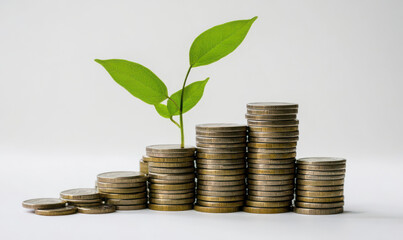 young plant growing from stack of coins symbolizing growth and prosperity