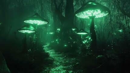 Obraz premium Glowing Forest Path: A Mystical Enchantment