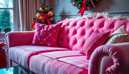 Cozy living room, close up of pink sofa, pillows, christmas themed, Christmas tree and festive atmosphere