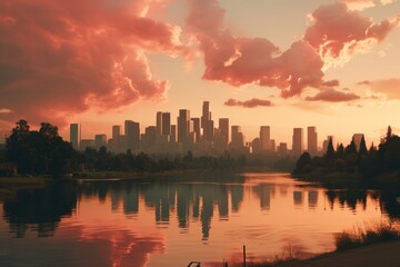 Fototapeta premium Stunning golden hour glow over los angeles skyline silhouetted against a vibrant and colorful sunset