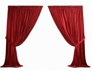 realistic red velvet open curtains isolated on white background