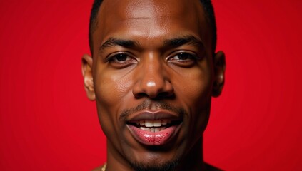 Studio portrait featuring a close-up shot of a short-haired black man with full lips and glitter makeup against a vibrant red backdrop celebrating LGBTQ culture