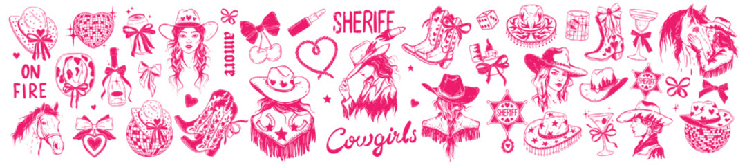 Cowgirl coquettish illustration set, vector western bachelorette disco hand drawn party sticker. American traditional Texas hat, boots, female ranch girl portrait, pink ribbon bow. Groovy cowgirl icon