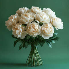 A lush display of peony flowers with large, full blooms in soft shades of pink, white, and blush. The delicate petals form layers of rich texture.