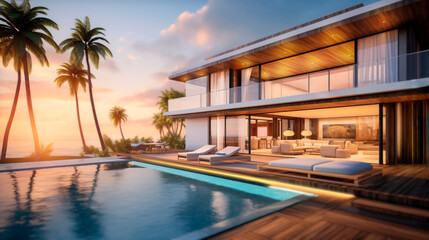 Fototapeta premium Villa on seashore. Swimming pool and palm trees near house with panoramic windows. Resort architecture. Elite villa for summer holidays. Sunset over cottage