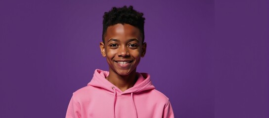 Obraz premium Young African-American male in pink hoodie smiles for isolation-style headshot on purple backdrop