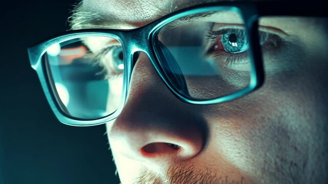A man wearing glasses looks intently at a screen in front of him