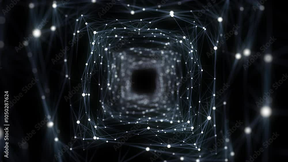 Poster futuristic sci-fi square portal in space. 3d blue ai tunnel with dots and lines. abstract digital wo